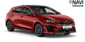 Rotes Auto Modell Ceed GT line mit stilvollem Design und Navi inklusive vor weißem Hintergrund