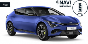 Blauer Elektro-Sportwagen Kia EV6 GT mit stilvollem Design und Hochleistungsmerkmalen auf schwarzem Hintergrund