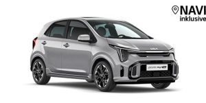 Silberner moderner Kleinwagen mit stilvollem Design und Navi inklusive für komfortables Fahren.