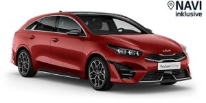 Roter Kia ProCeed GT-Line Auto mit stilvollem Design und Navigationssystem inklusive von der Seite betrachtet