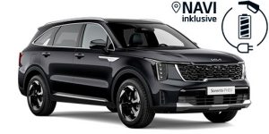 Schwarzer moderner SUV mit Navi und E-Ladeoption aus seitlicher Perspektive mit markantem Design