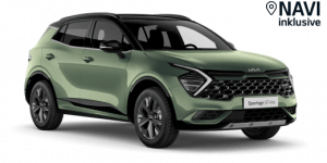 Grüner SUV Kia Sportage 2023 stilvolles Design moderne Linien und Dachreling auf schwarzem Hintergrund