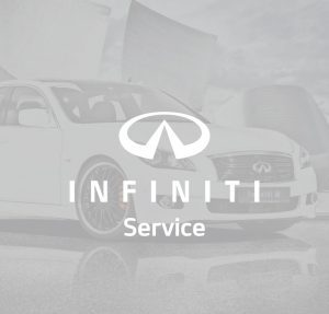 Logo Infiniti Service mit leicht transparentem grau im Hintergrund und Fahrzeug
