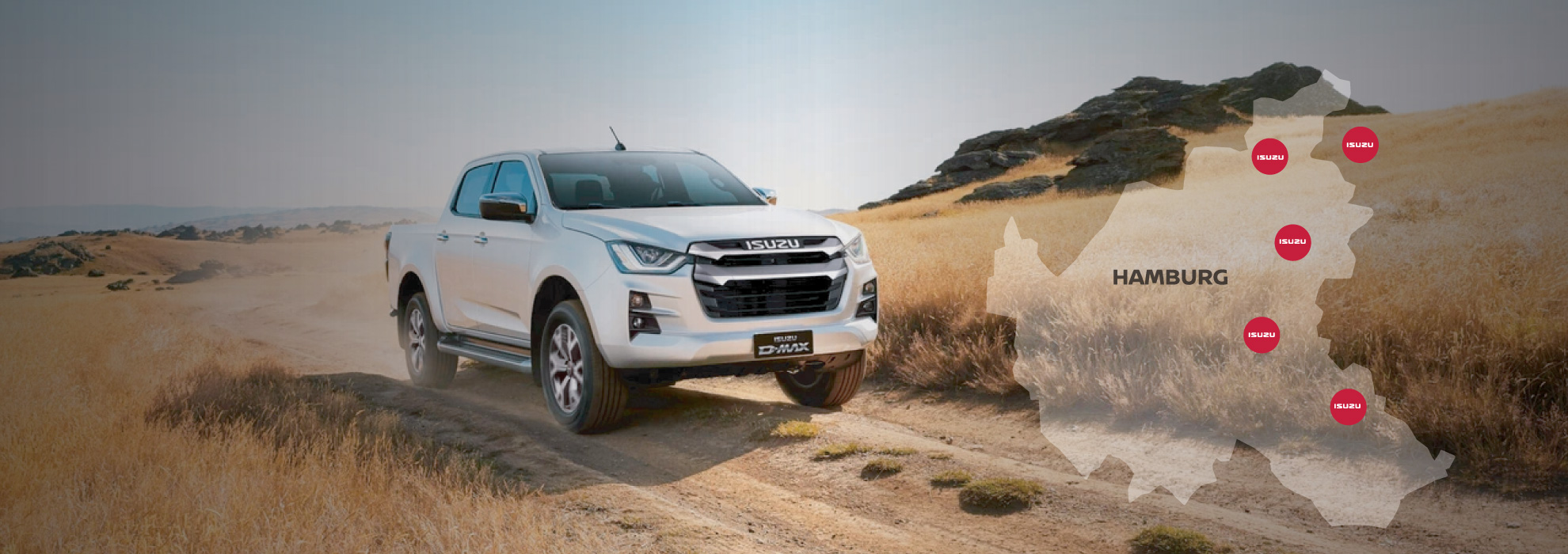 Headerbild mit Isuzu und einer Landkarte, die die Standorte zeigt