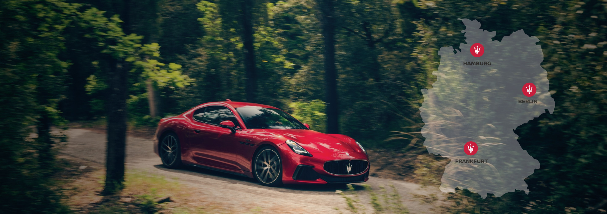 Headerbild mit Maserati Fahrzeug und einer Landkarte, die die Standorte zeigt