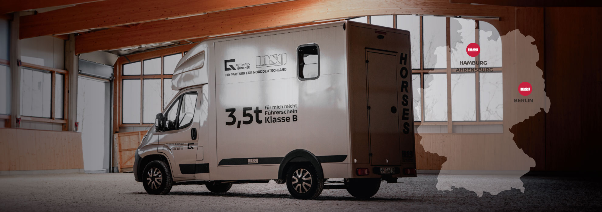 Headerbild mit msg stablehopper Pferdeanhänger und einer Landkarte, die die Standorte zeigt