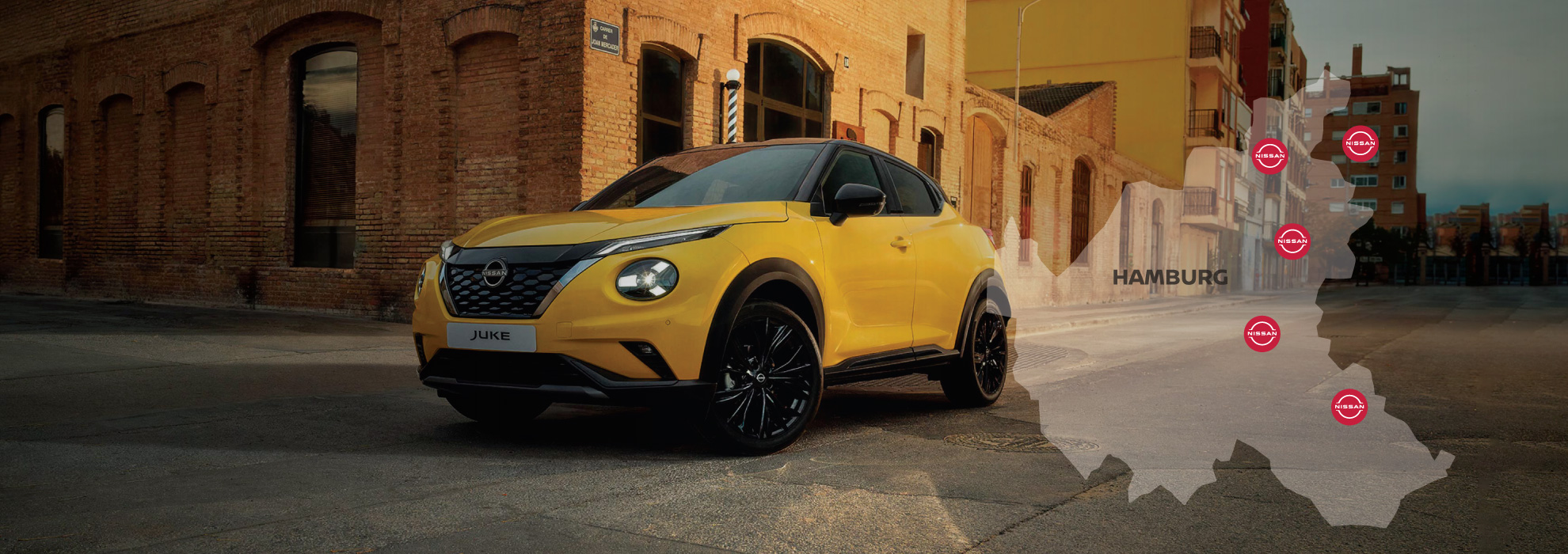 Headerbild mit Nissan Juke und einer Landkarte, die die Standorte zeigt