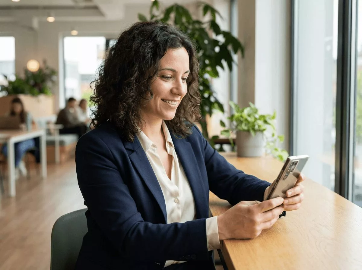 Geschäftsfrau nutzt Smartphone im modernen Büro am Fenster